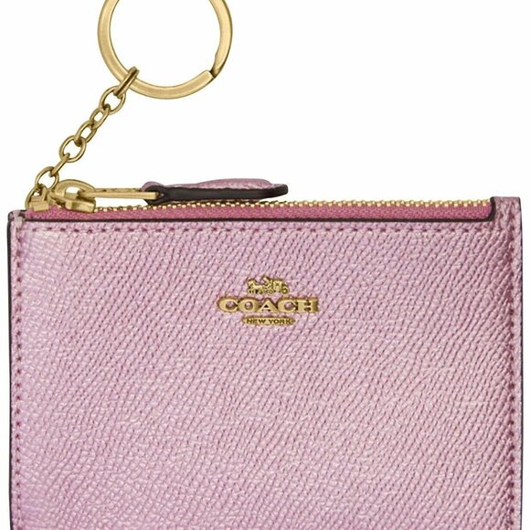NWOT Authentic Coach Pink Metallic Leather Skinny Mini Zip ID Wallet - Picture 1 of 5